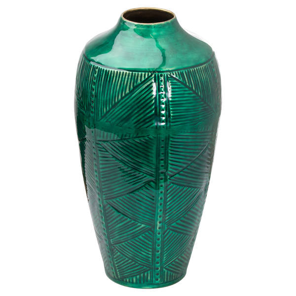 GREEN GLAZED CERAMIC BRASS EMBOSSED VASE