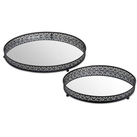 SET OF TWO CIRCULAR AZTEC BLACK MIRRORED TRAYS