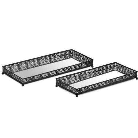 SET OF TWO RECTANGULAR AZTEC BLACK MIRRORED TRAYS