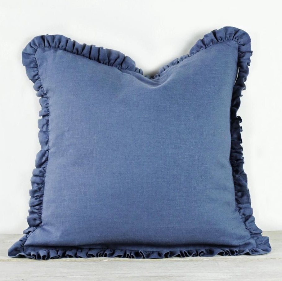 OLI RUFFLE 100% LINEN CUSHION - AEGEAN BLUE – ILK ATELIER