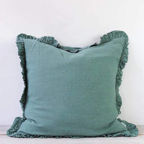 OLIVIA RUFFLE 100% LINEN PILLOW SEA GREEN