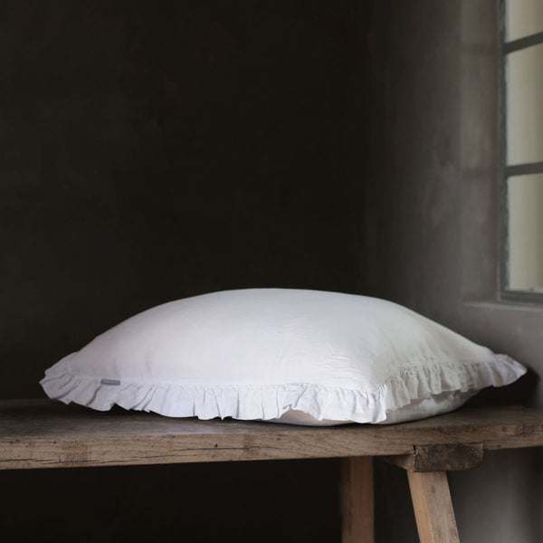 OLIVIA RUFFLE 100% LINEN PILLOW WHITE