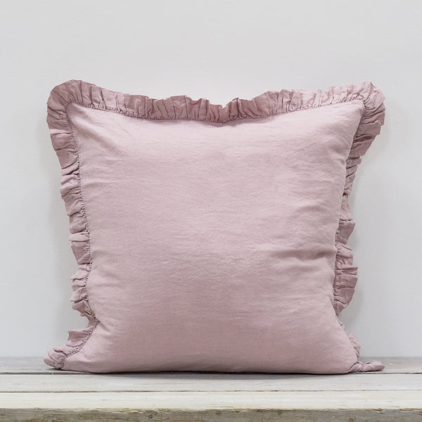 OLIVIA RUFFLE 100% LINEN PILLOW - BLUSH