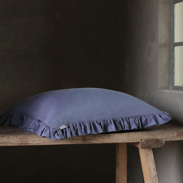 OLIVIA RUFFLE 100% LINEN PILLOW - AEGEAN BLUE