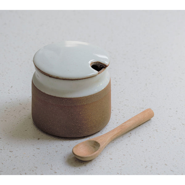 STONEWARE SUGAR BOWL WITH SPOON