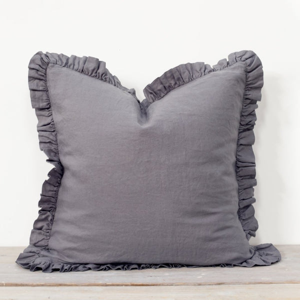 OLIVIA RUFFLE 100% LINEN PILLOW - PEWTER