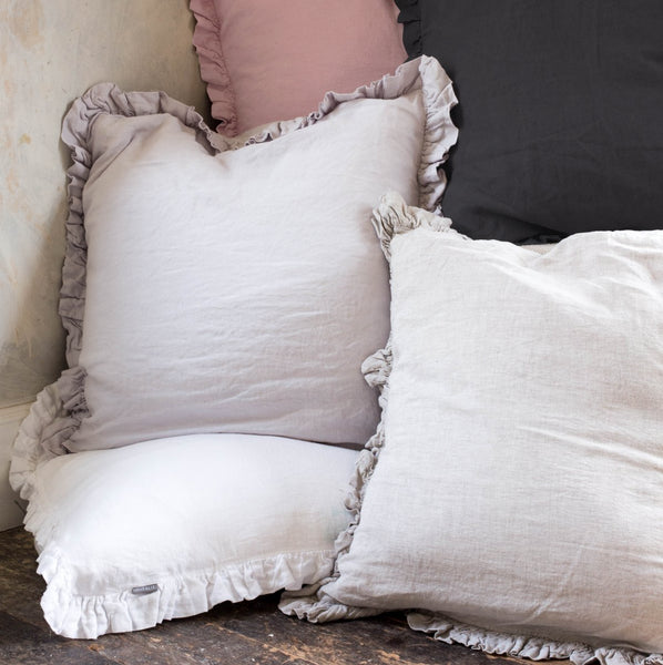 OLIVIA RUFFLE 100% LINEN PILLOW - SILVER GREY