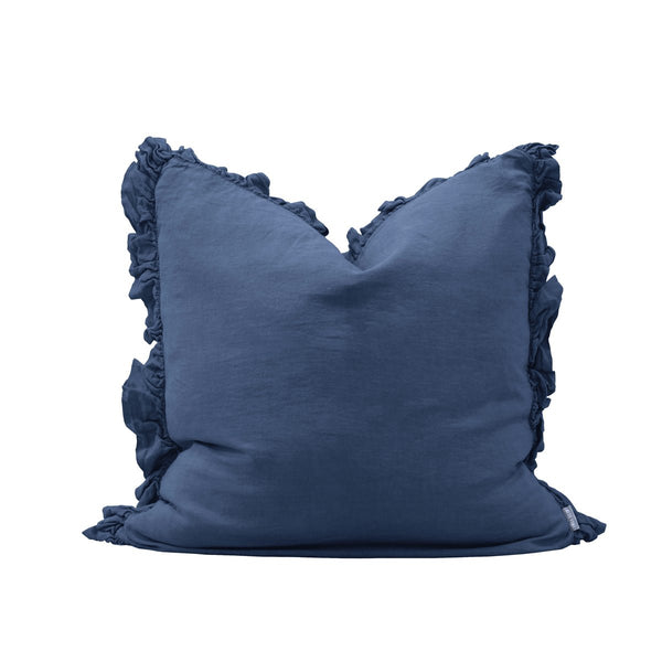 OLIVIA RUFFLE 100% LINEN PILLOW - AEGEAN BLUE