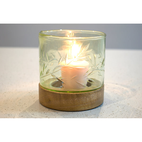 ETCHED GLASS HURRICANE LIGHT - OLIVE