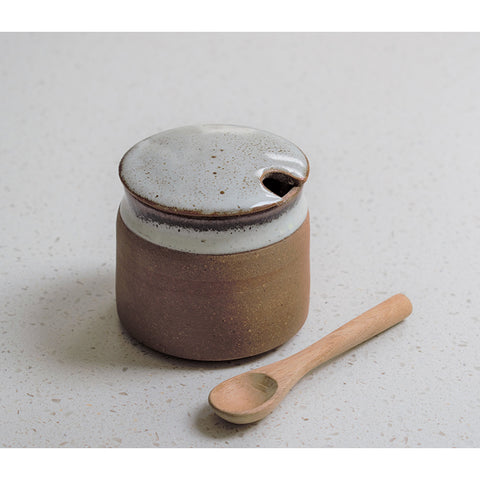 STONEWARE SUGAR BOWL WITH SPOON