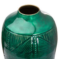 GREEN GLAZED CERAMIC BRASS EMBOSSED VASE