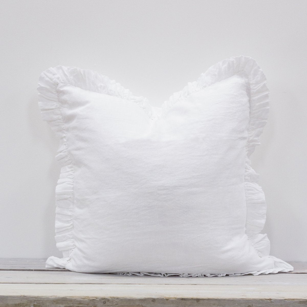 OLIVIA RUFFLE 100% LINEN PILLOW WHITE