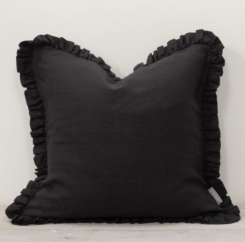 OLI RUFFLE 100% LINEN CUSHION - BLACK