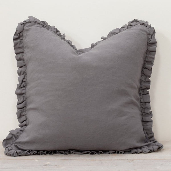 OLI RUFFLE 100% LINEN CUSHION - PEWTER GREY
