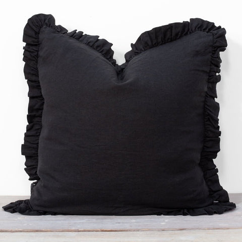 OLIVIA RUFFLE 100% LINEN PILLOW - BLACK 65cm