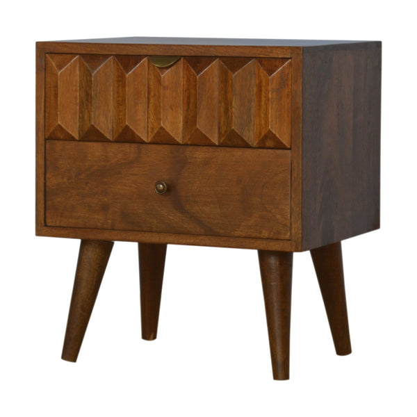 HAND CARVED MID CENTURY CHESTNUT BEDSIDE