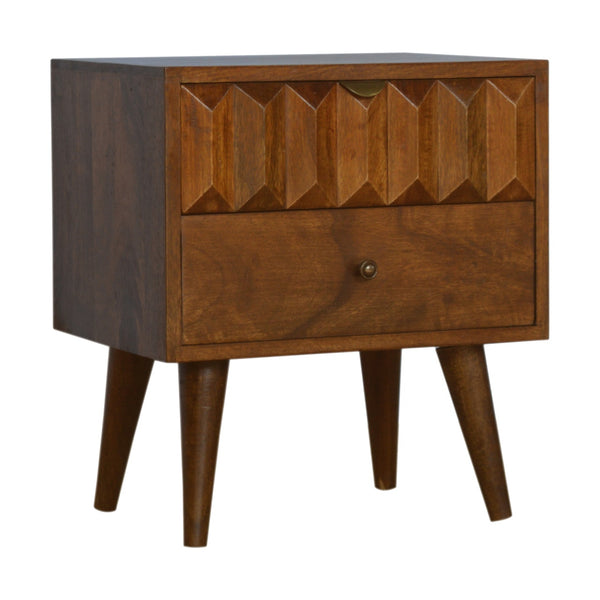 HAND CARVED MID CENTURY CHESTNUT BEDSIDE