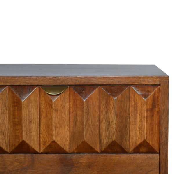 HAND CARVED MID CENTURY CHESTNUT BEDSIDE