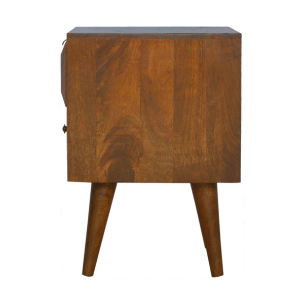 HAND CARVED MID CENTURY CHESTNUT BEDSIDE